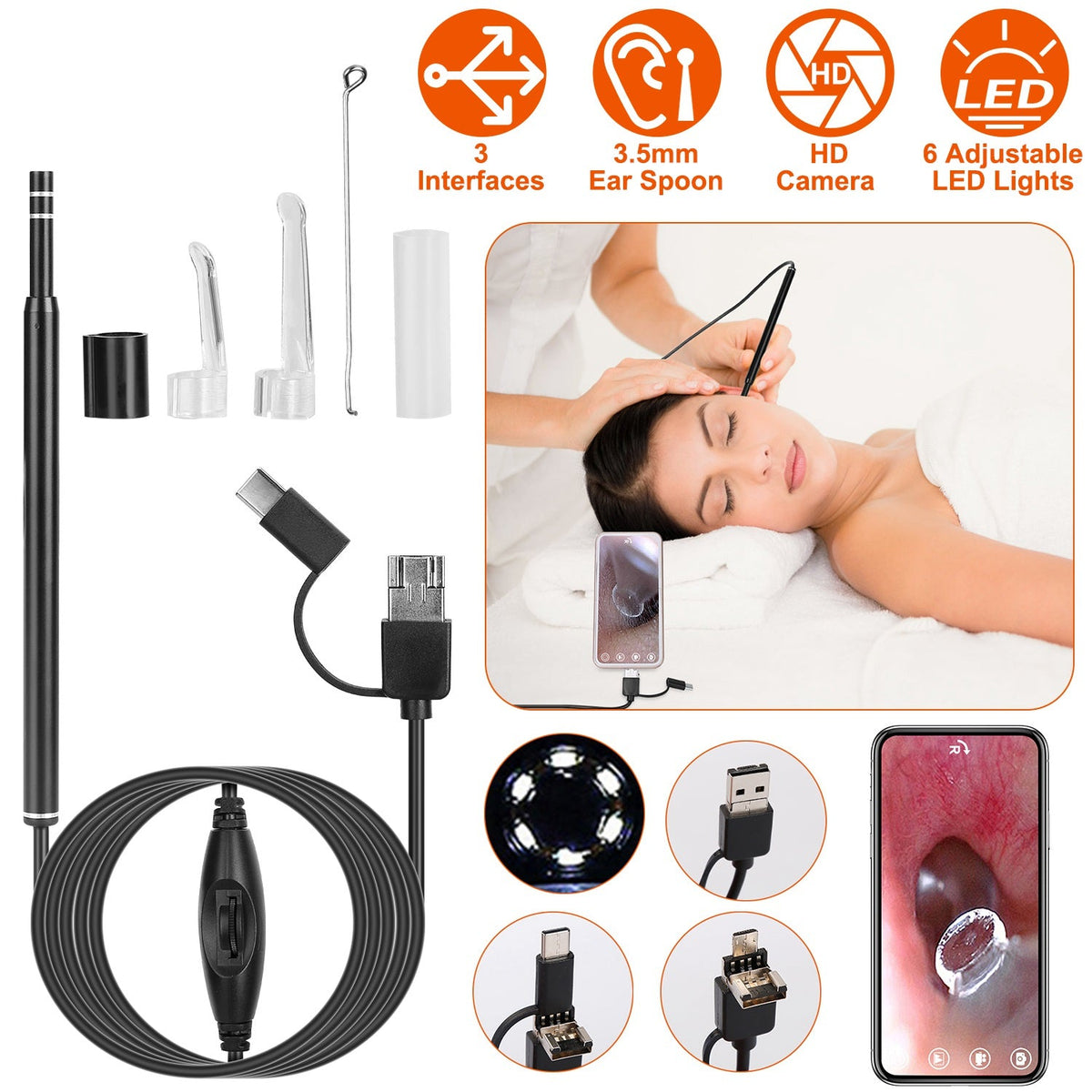 Ear Endoscope Wax Remover Tool HD Remover Ear Pick Camera Otoscope Cleaner Spoon with 6Pcs LED Lights