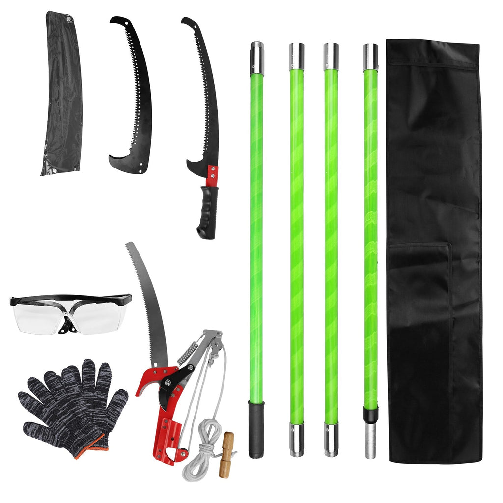 2 In 1 Extra Long Manual Pole Saw 8.23-15.12FT Extendable Tree Pruner for High Branches with Pruner Scissors 2 Double-hooked Saw Blades Goggles Gloves