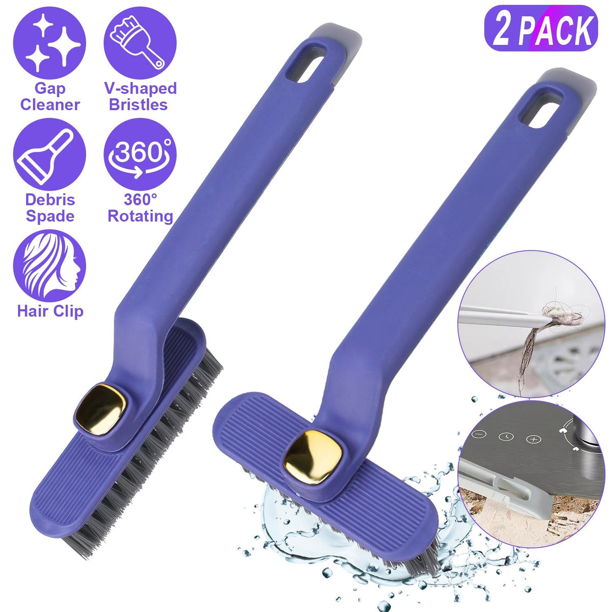 2 Pack Multi-Function Rotating Crevice Cleaning Brush Stiff Bristle Brush Gap Cleaner with 2-In-1 Clip and Spade for Tight Spaces Bathroom Kitchen