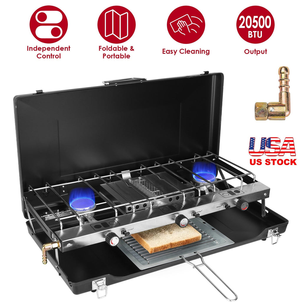 3 Burner Camping Stove 20000 BTU Portable Foldable Propane Stove With Toast Tray Windshield Portable Handle Outdoor Cooking Gas Stove For RV Camping B