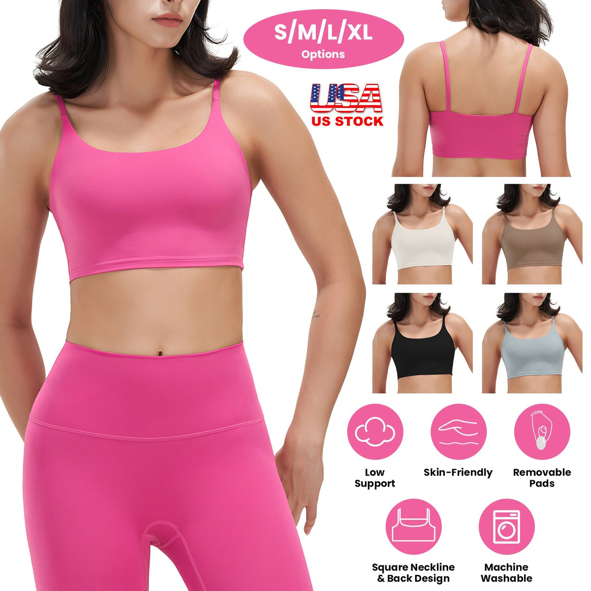 Women Strap Sport Bras Padded StrappyÊCrop Square Neck Low Impact Bras SexyÊFitnessÊTank Tops with Removable Pads Flat Straps for Gym Yoga Workout Run