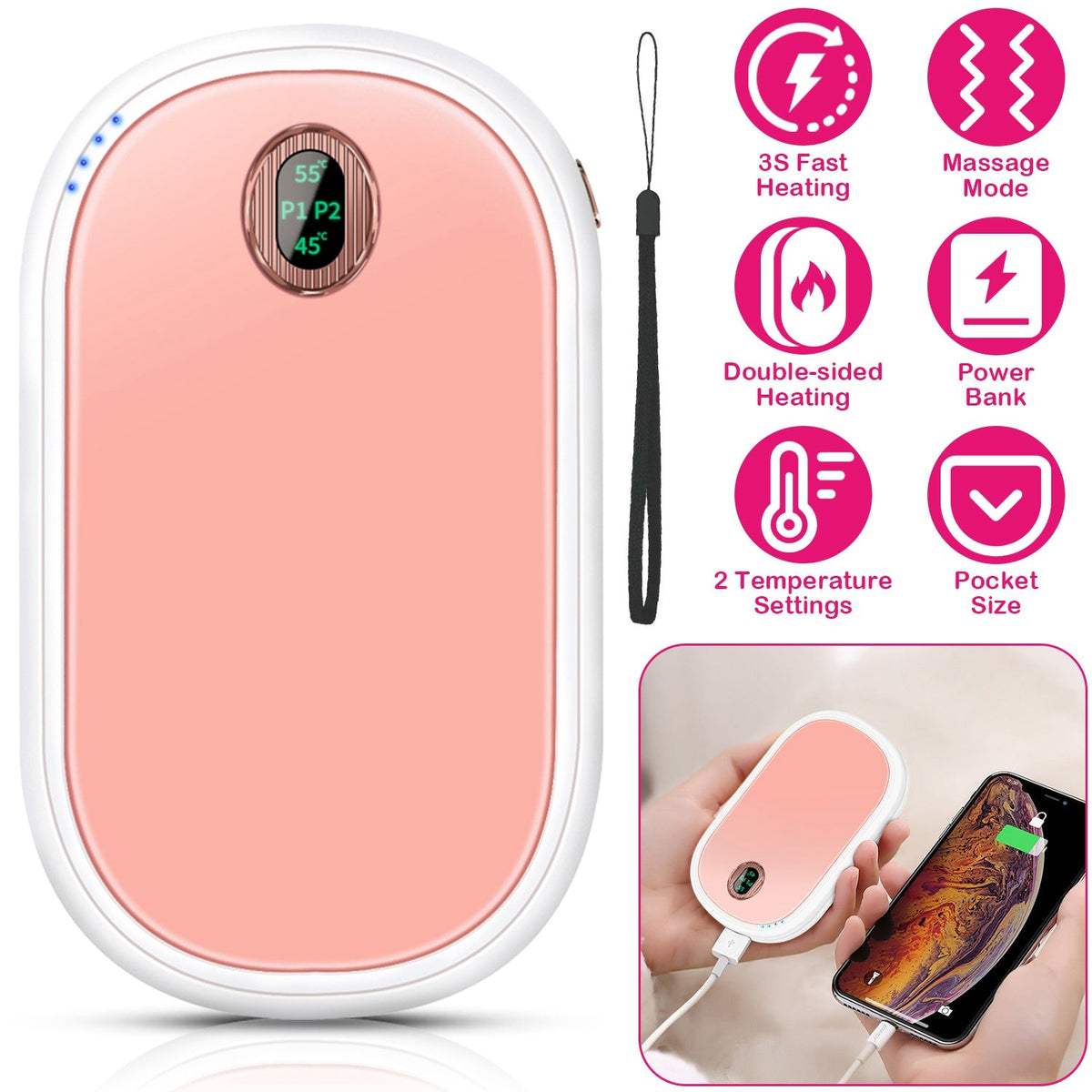 Rechargeable Hand Warmer Electric Hand Heater Portable Reusable Pocket Warmer Power Bank with Digital Display 2 Levels Double-sided Heating