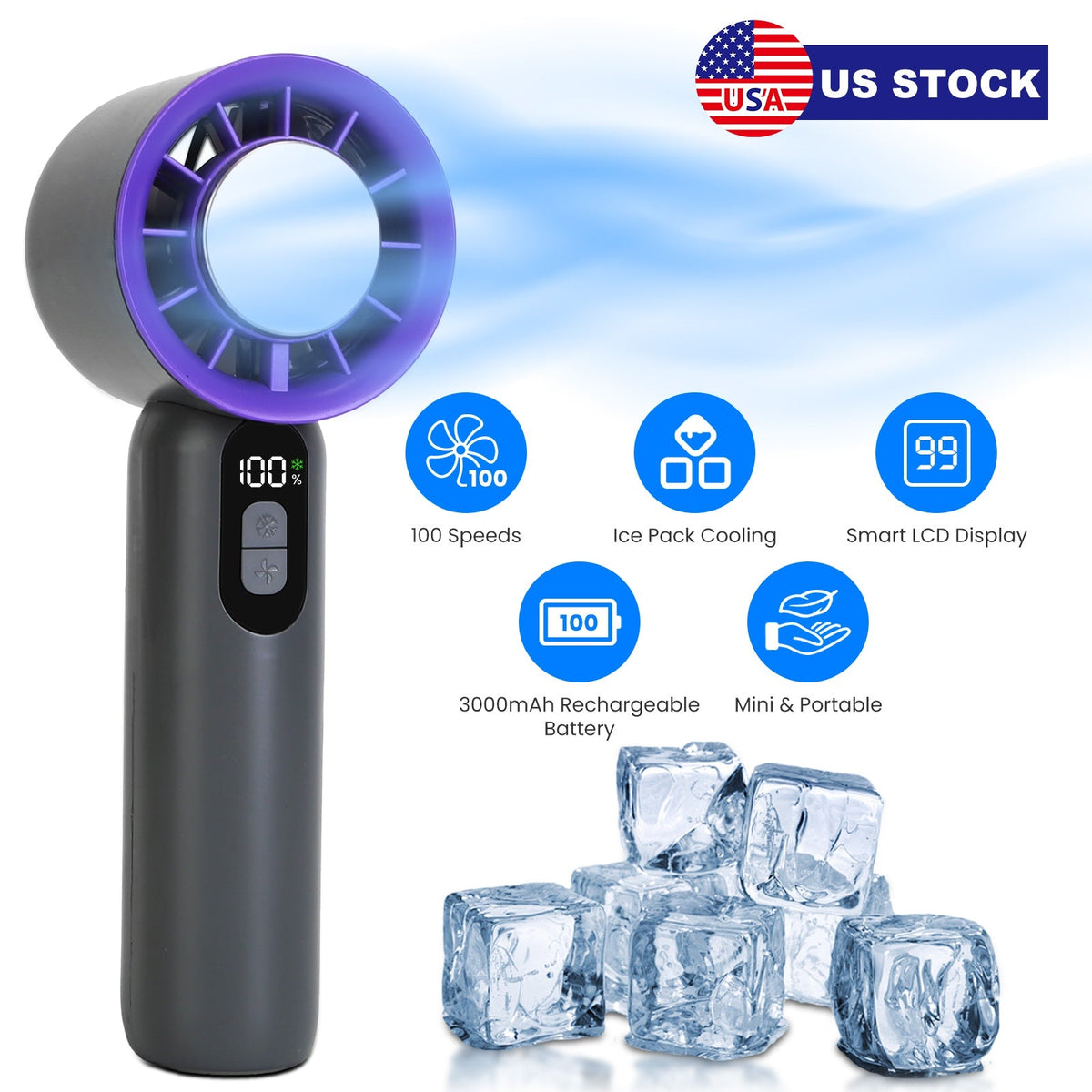 100 Speed Handheld Fan With Ice Cooler High Speed Turbo Fan 3000mAh Rechargeable Hand Fan with LCD Display for Travel Camping Beach Outdoor