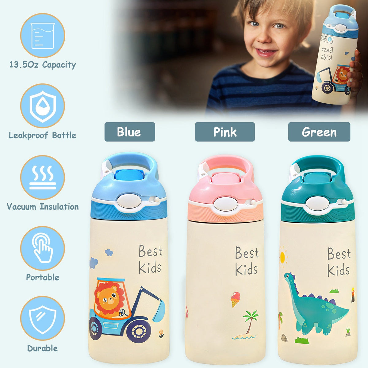 13.5Oz Insulated Stainless Steel Water Bottle Leak-proof Bottle for Kids with Straw Push Button Lock Switch Sports Water Bottle for Toddlers Boys Girl
