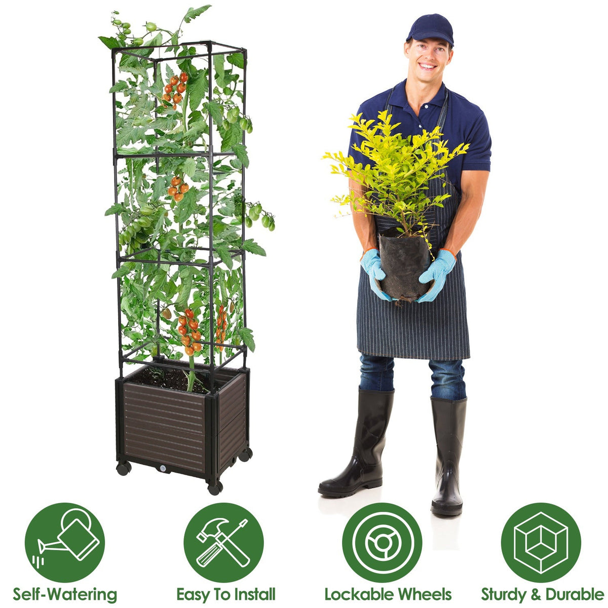 62.99IN Raised Garden Bed Planter Box with Trellis Wheels Self-Watering Vertical Raised Planter Box Crater for Climbing Plants Vegetable Vine Flowers