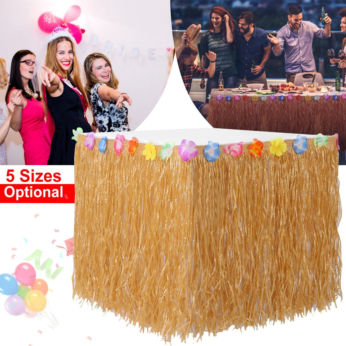 Grass Table Skirt Hawaiian Luau Party Decorations Supplies w/Hibiscus for Buffet BBQ Tiki Bar Beach Birthday Party Use