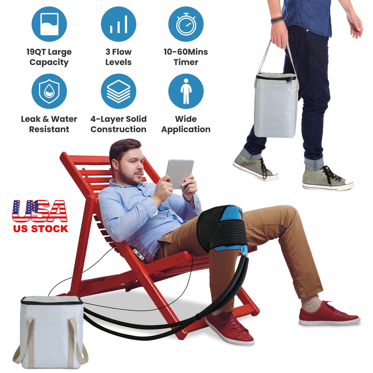 19QT Portable Cold Therapy Machine Programmable Ice Therapy Machine Cold Rush Therapy Machine System with 3 Flow Levels 10-60Mins Timer 3 Elastic Band