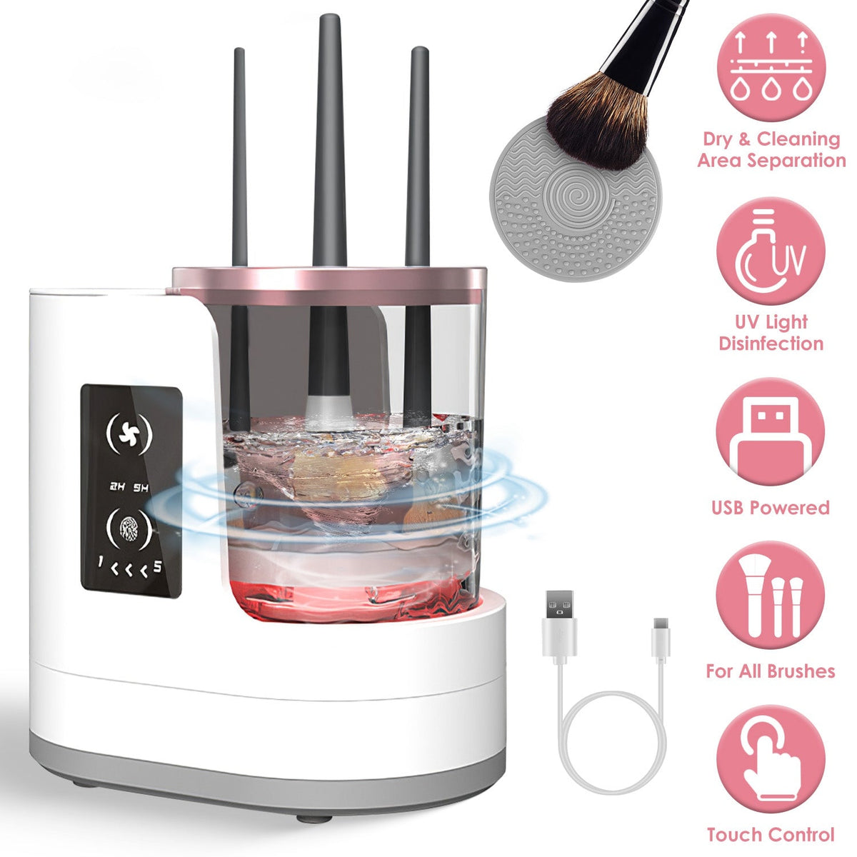 4 In 1 Electric Makeup Brush Cleaner USB Powered Automatic Brush Blender Machine with Timer Digital Display Cleaning Drying UV Disinfection Brush Stor
