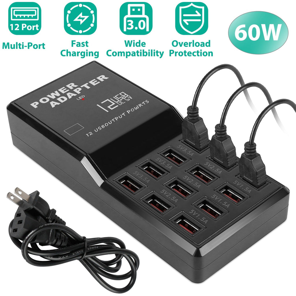 Multi 12 Port USB Charging Station Hub 60W Desktop USB Hub Multiple USB Charger Fast Charge For iPod iPhone 3.74ft Power Cord