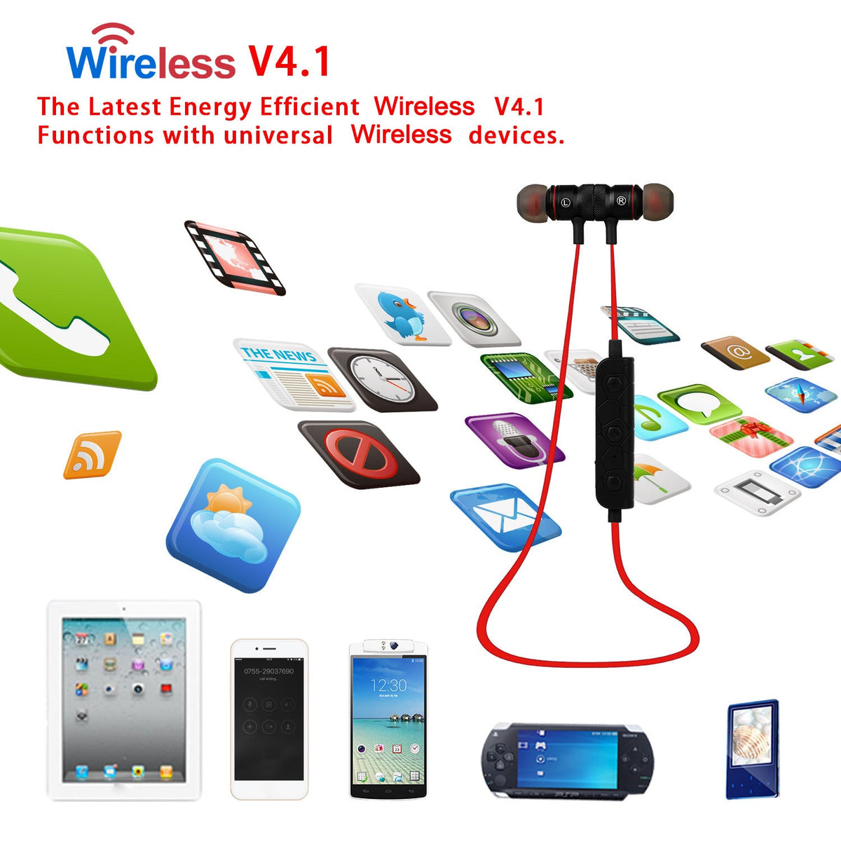 Wireless Headsets In-Ear Neckband Headphones Sweat-proof Sport Earbuds w/ Call Alert Number Broadcast For Gym Running Hiking