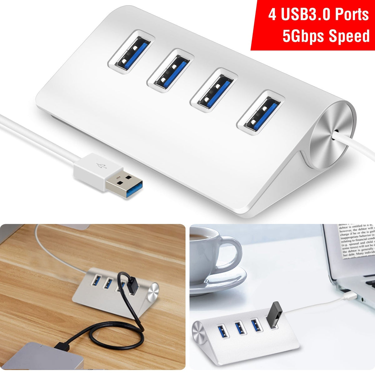 4 Ports USB3.0 Hub 5Gbps USB3.0 Aluminum Expansion Hub Splitter File Video Date Reader Transmission For U Disk Flash Drive Mouse Digital Camera