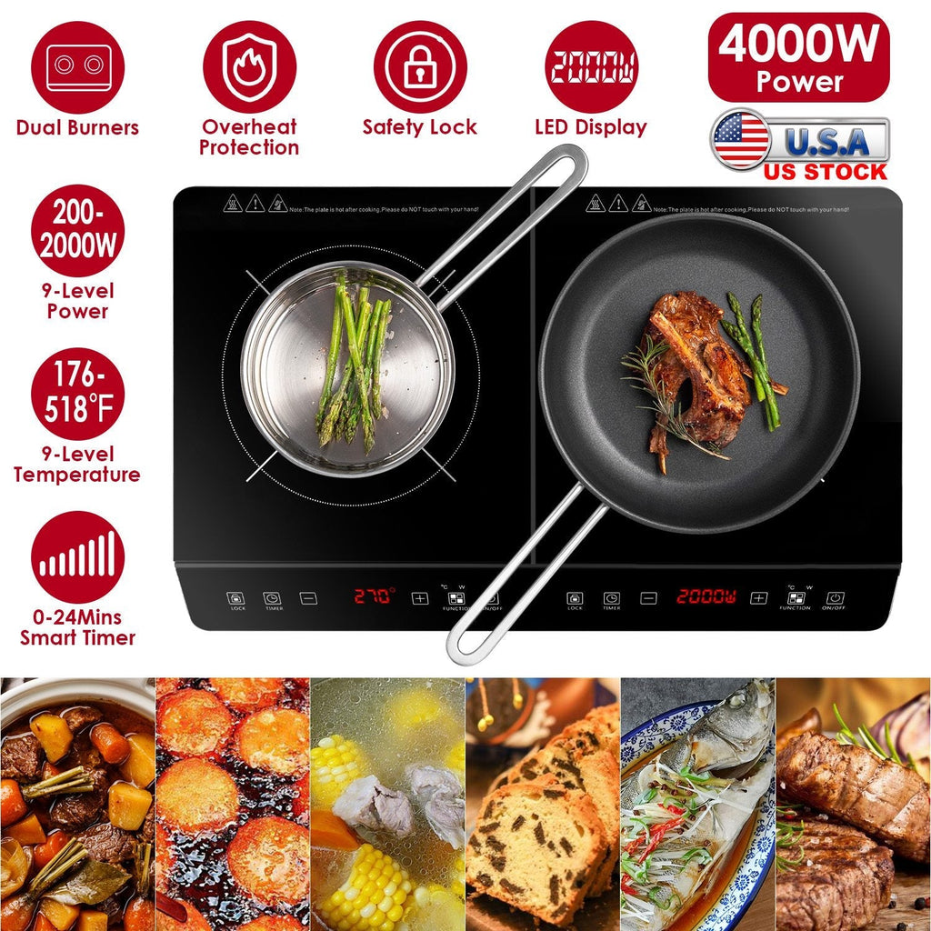 4000W Induction Cooktop Portable Double Induction Cooker Electric Dual Burner Stove Countertop Hot Plate with 9 Power 9 Temperature 0-3H Timer