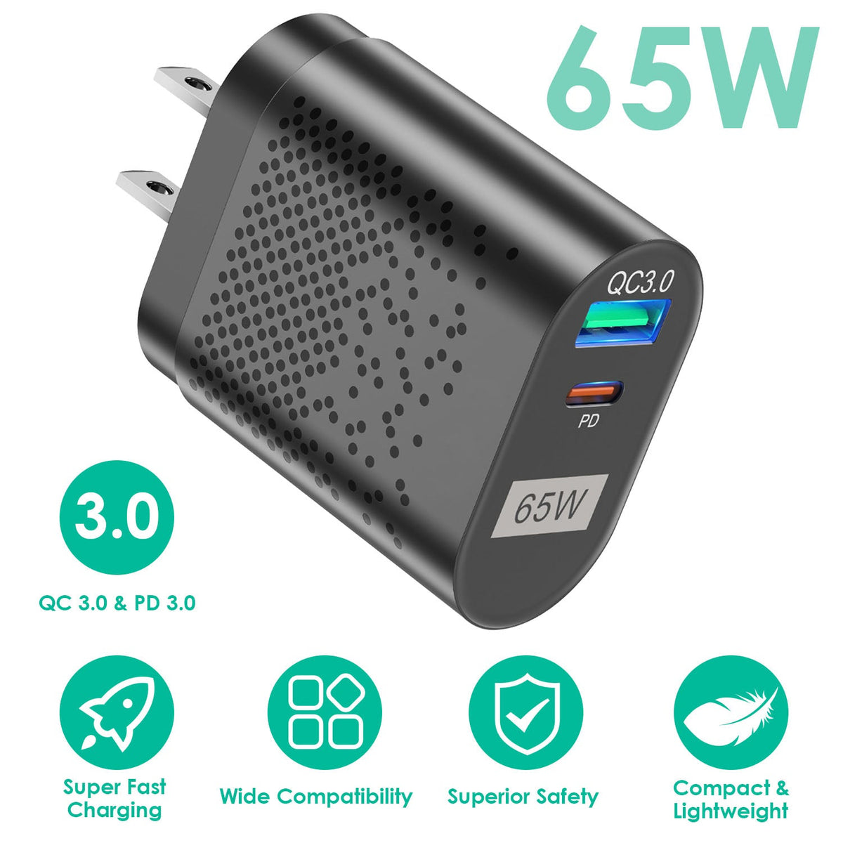 65W Type C Fast Wall Charger PD QC3.0 Adapter Fit for IOS Phone 14 13 12 11 Samsung S22 S21 Switch MacBook iPad