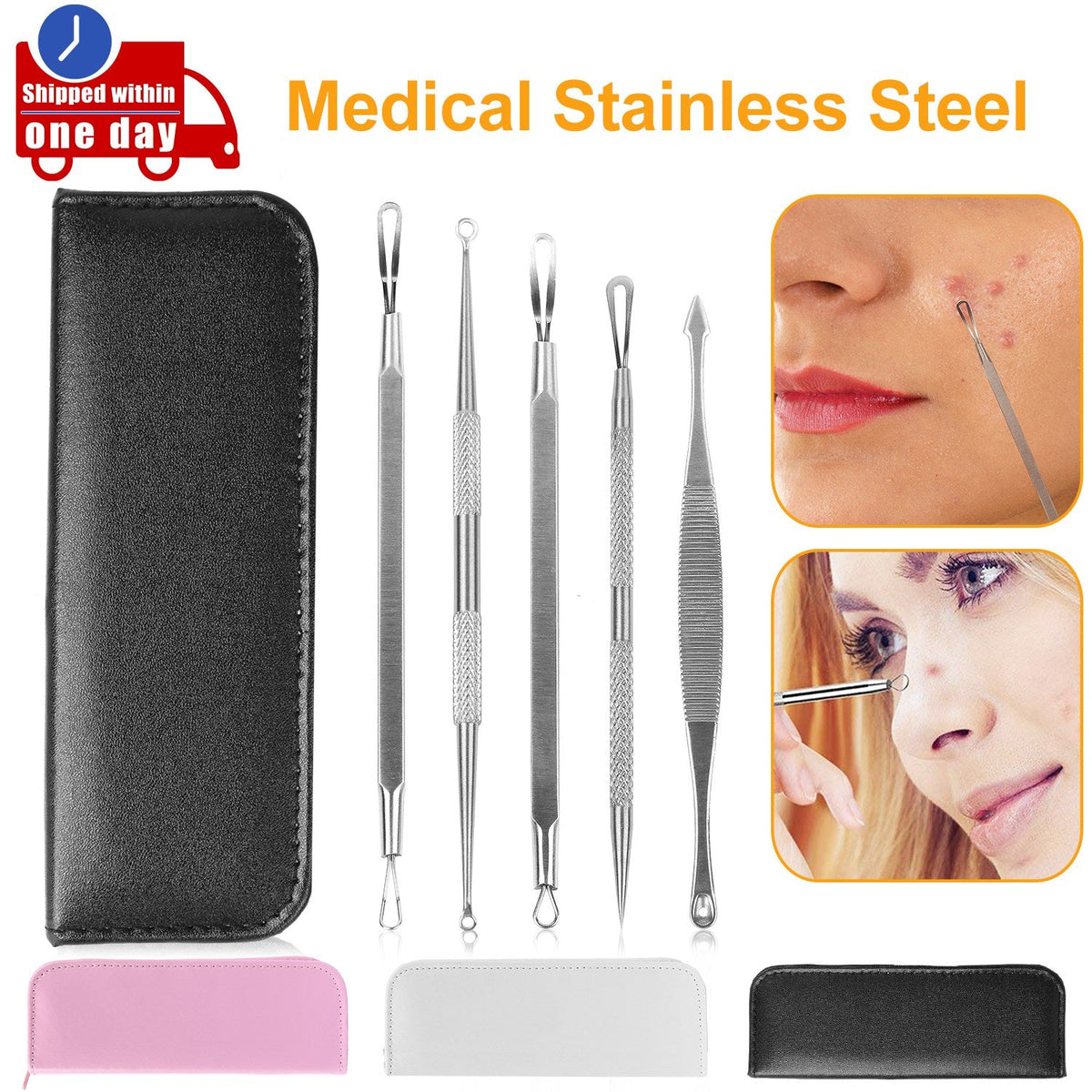 5 Pcs Blackhead Remover Kit Pimple Comedone Extractor Tool Set Stainless Steel Facial Acne Blemish Whitehead Popping Zit Removing for Nose Face Skin C
