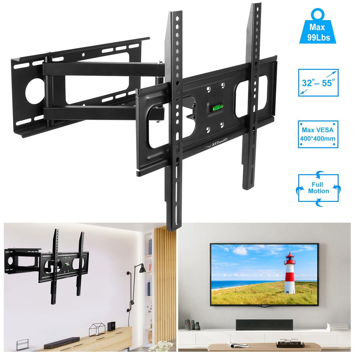 TV Wall Mount Swivel Tilt Full-Motion Articulating Wall Rack For 32in-55in TVs 99lbs Max Bearing Support VESA Up To 400x400mm