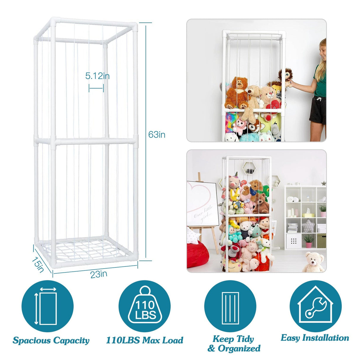 Stuffed Animal Storage PVC Plush Organizer Shelf Plush Stuffed Animal Holder Standing Kids Toy Storage Cage with Elastic Band for Nursery Play Room Be