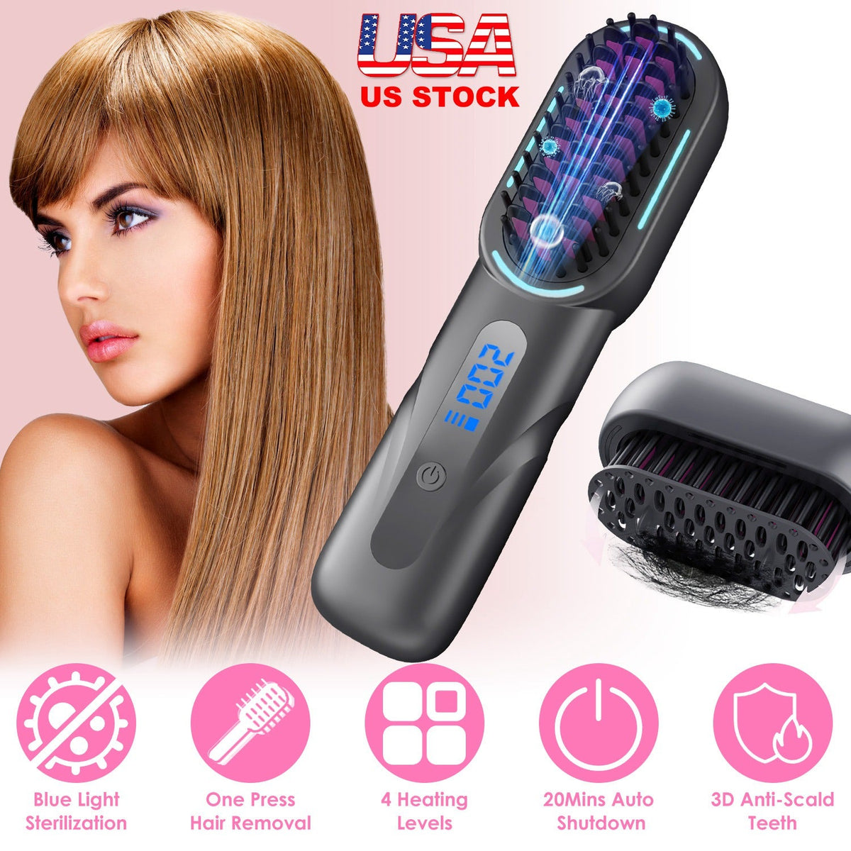 Cordless Hair Straightener Brush Rechargeable Mini Styling Comb with 4 Heating Levels Blue Light Sterilization Single press Stray Hair Removal 20Mins