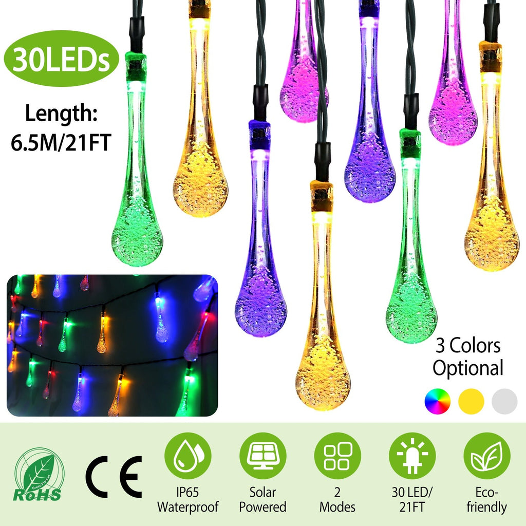 Outdoor Solar String Lights 21 Feet 30 LEDs Water Drop Solar Powered Lights Waterproof Solar Fairy Lights Decorative Solar Powered Lights for Home Pat