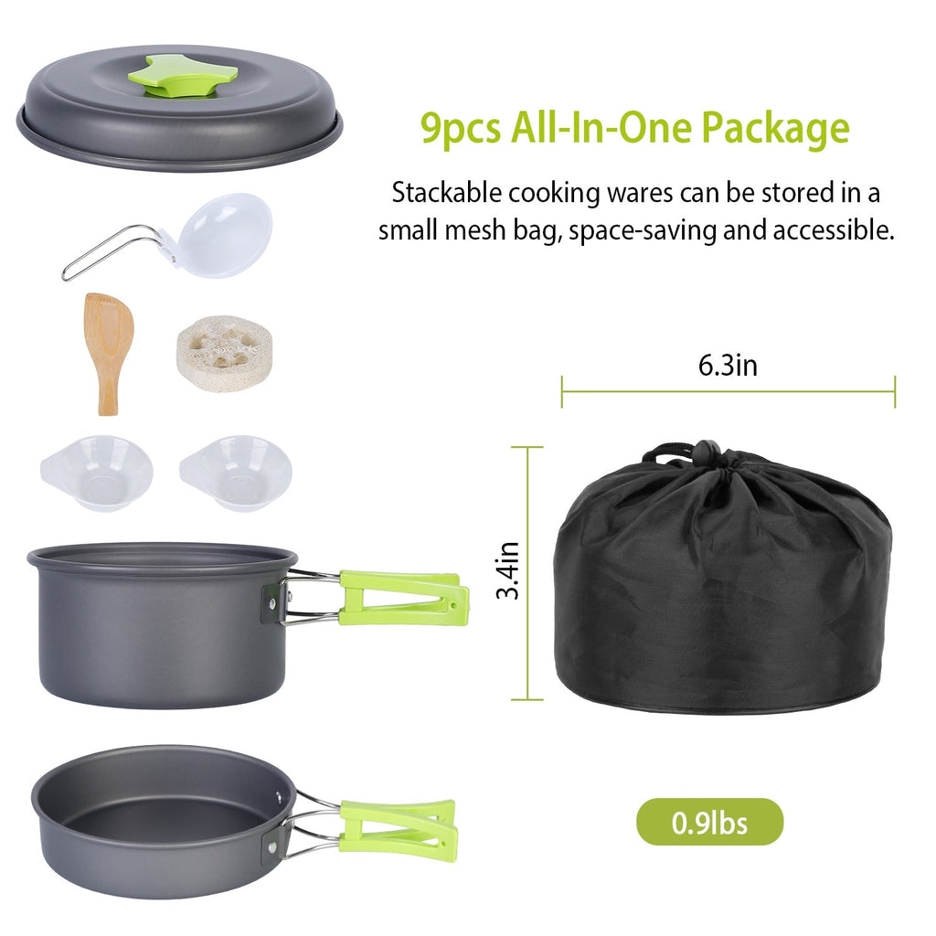 9Pcs Camping Cooking Ware Set Camping Stove Cookware Kit Aluminum Pot Pans Set for Hiking Picnic Outdoor