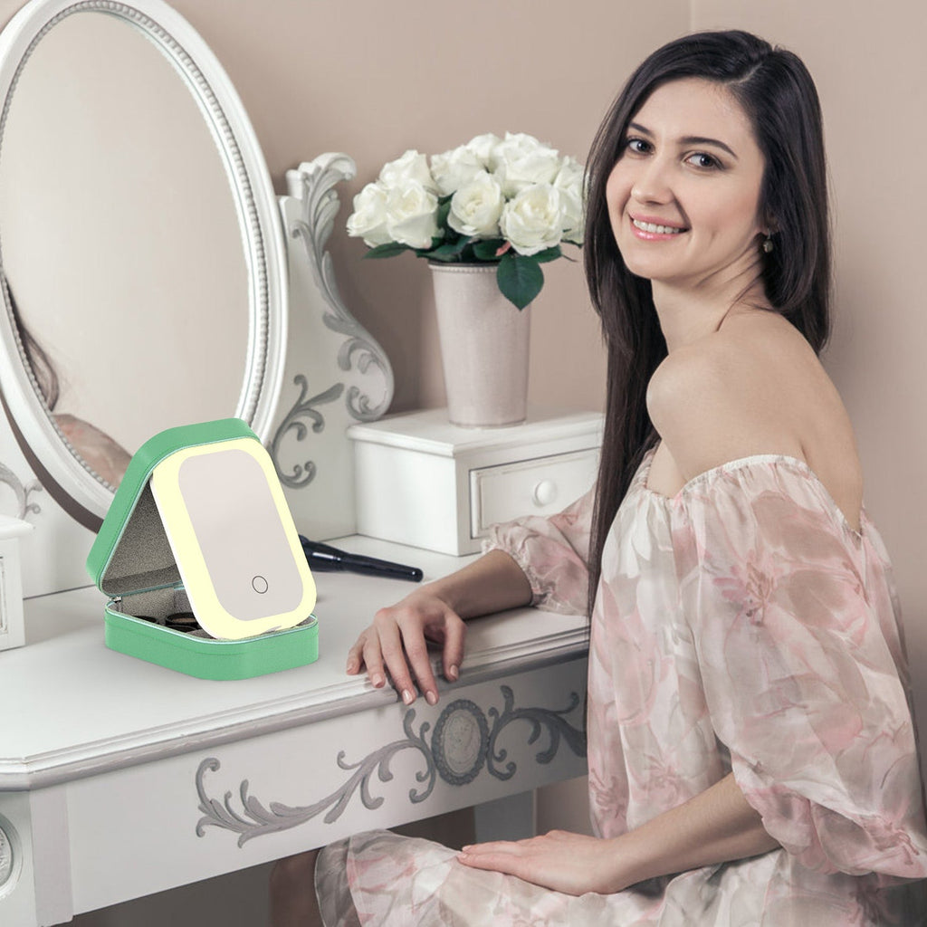 Portable Travel Makeup Bag With LED Mirror Rechargeable Beauty Mirror With 3 Color Light Dimmable Brightness Waterproof Cosmetic Bag With 4 Compartmen