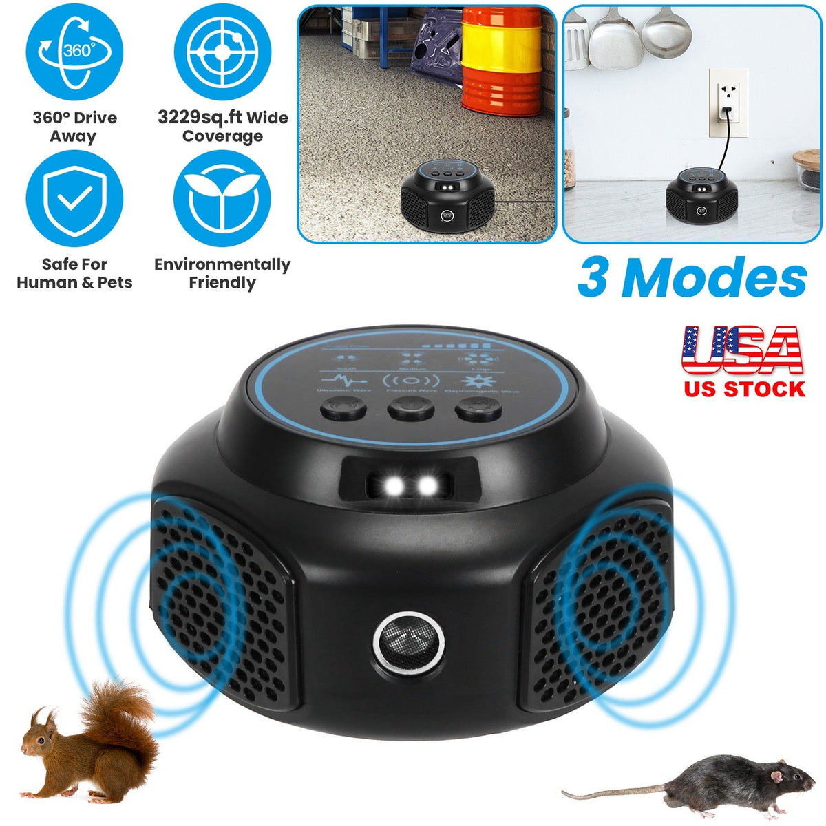 360¡ Ultrasonic Mice Repellent Indoor Rodent Repeller Rat Squirrel Rodent Chaser with 3 Modes 2 Strobe Lights for Kitchen Warehouse