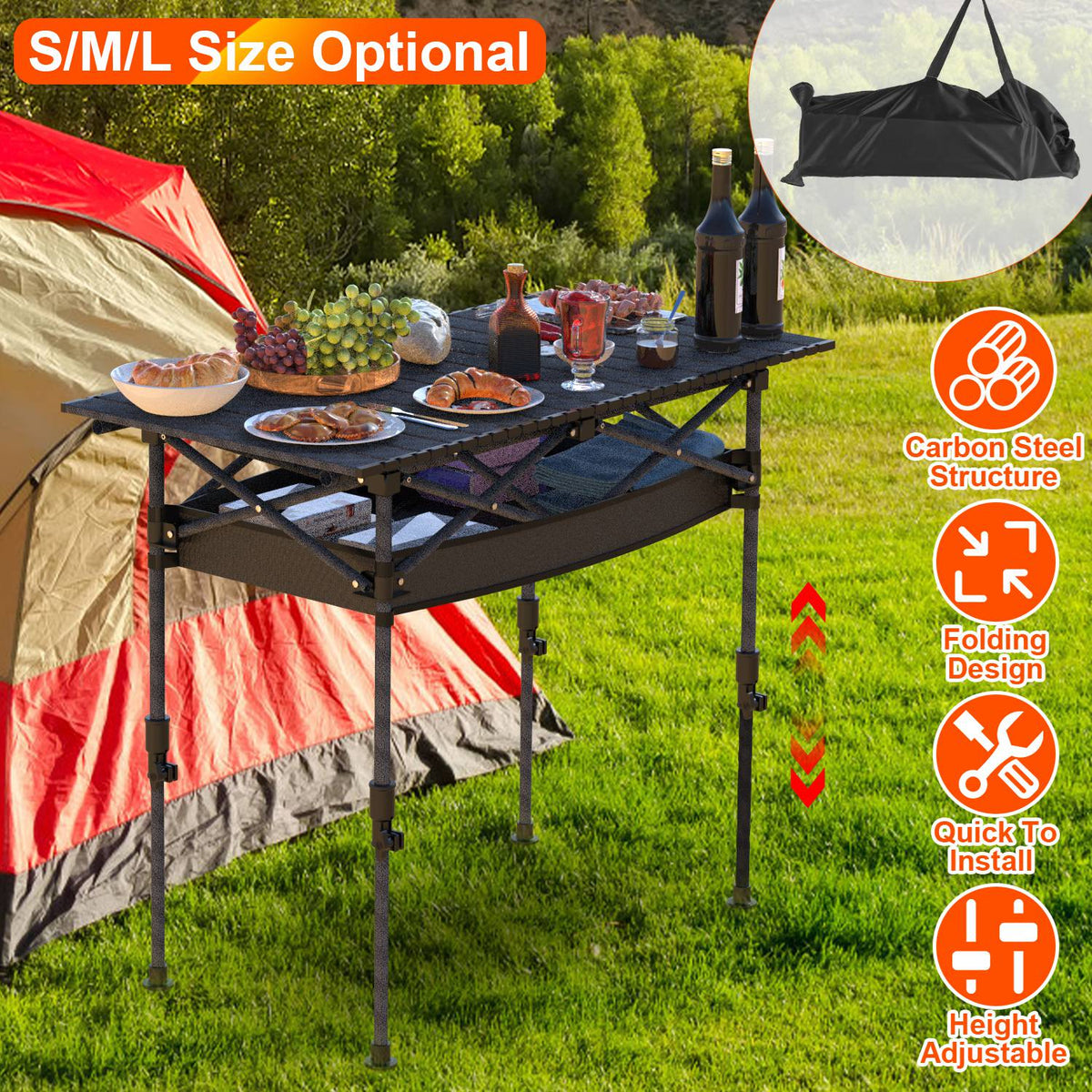 Portable Folding Camping Table With Adjustable Height Hanging Net Rustproof Carbon Steel Foldable Roll-Up Camping Table for Picnic Camping Hiking Beac