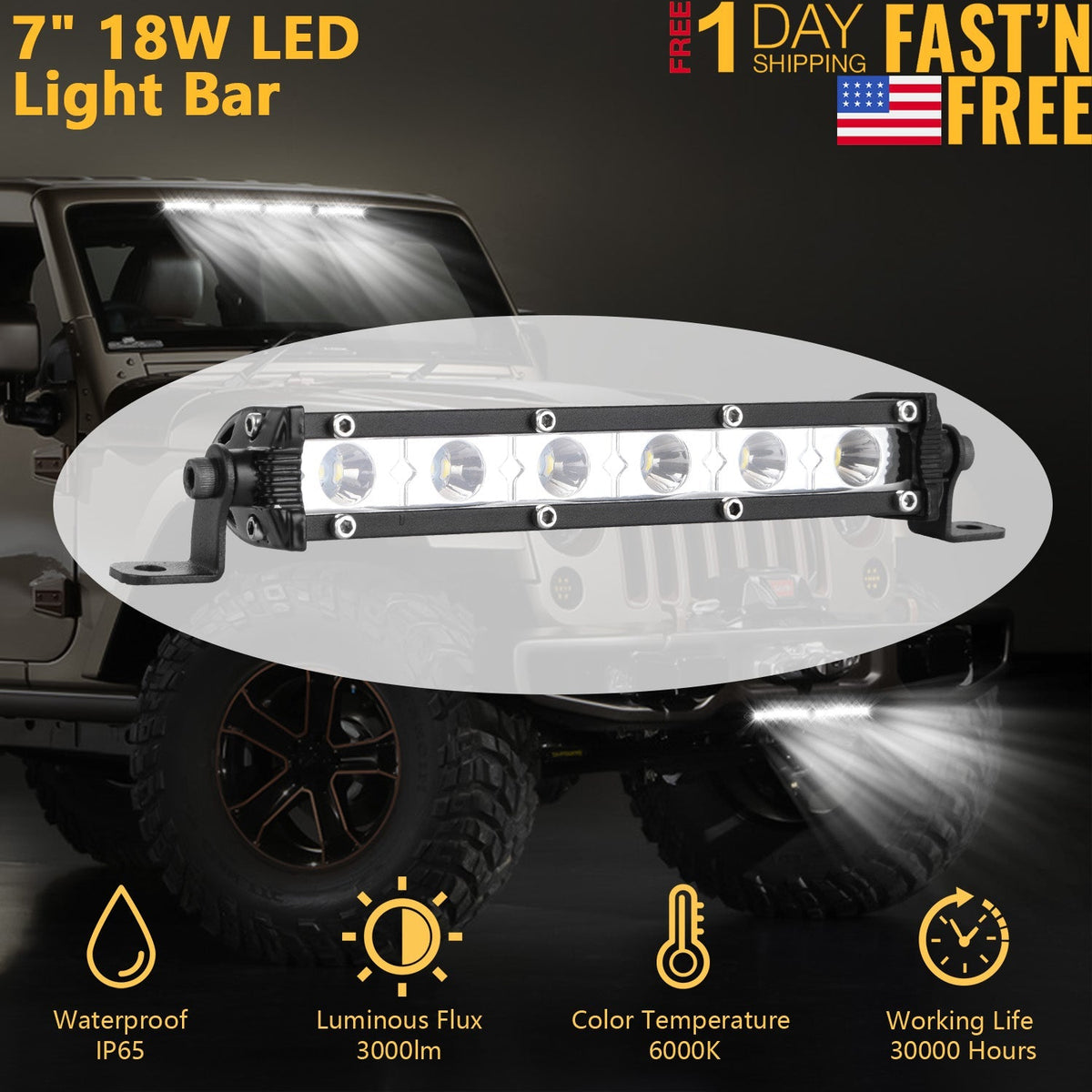 7" LED Light Bar Single Row Offroad Spot Lights 18W Ultra Slim Straight Work Light for Trailer Truck Bus Boat