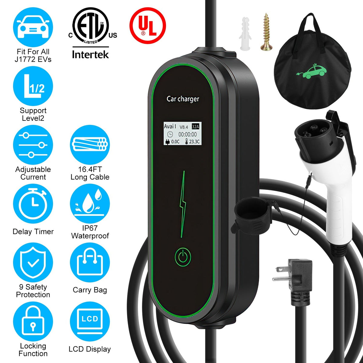 Level2 EV Charger Portable Electric Vehicle Charging Station with NEMA 6-20P PlugÊCarry Bag Fit For All J1772 EV and Hybrid Vehicles for Home and Outd