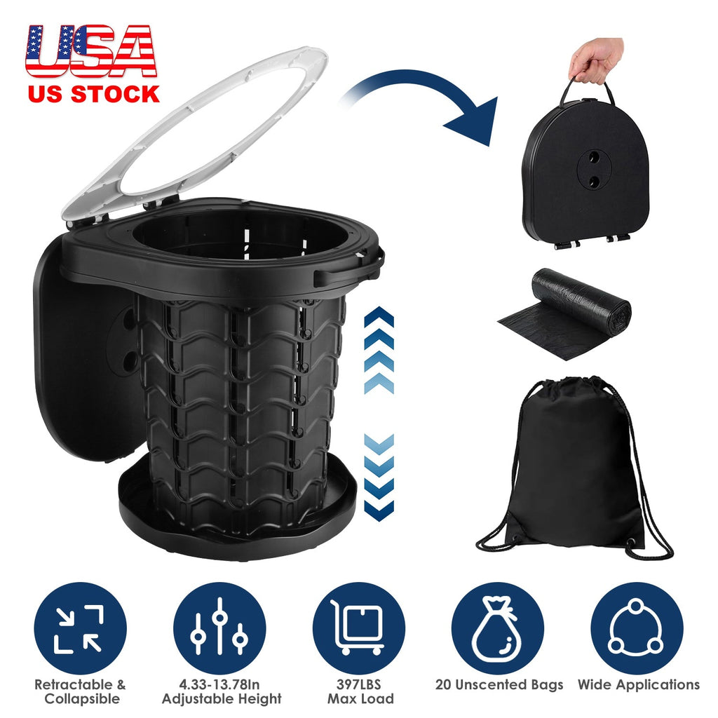 Retractable Portable Toilet Collapsible Portable Potty for Adults Emergency Toilet Kit with Adjustable Height Lid 20 Garage Bags Carry Bag for Camping
