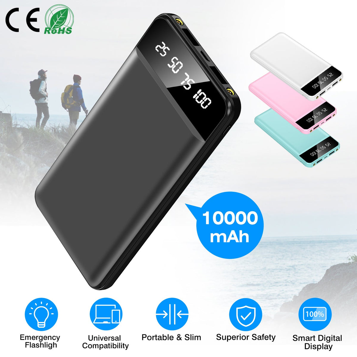 10000mAh Power Bank Portable Ultra Slim Charger External Battery Pack with 2 USB Output Ports Charging Cable LED Flashlight Compatible with IOSPhone 1