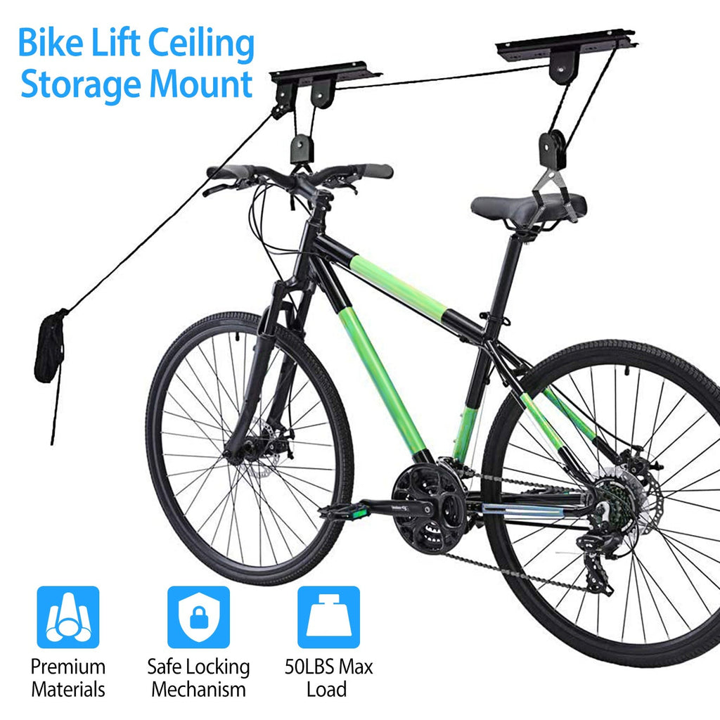 Bike Lift Ceiling Storage Mount 50LBS Load Bicycle Hoist Pulley Rack Heavy Duty Hanger w/ 48FT Rope For Ladder Kayak