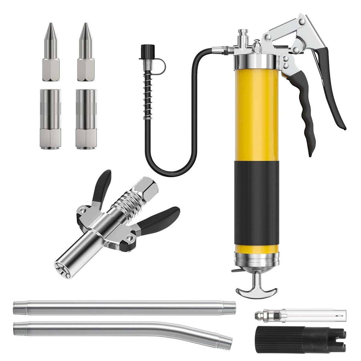 Grease Gun Kit Fit for 14 Oz Grease Tube 7000 PSI High Pressure Pistol Grip Grease Gun with Lock Coupler 11.8Ó Spring Flex Hose Jaw Couplers Sharp Noz