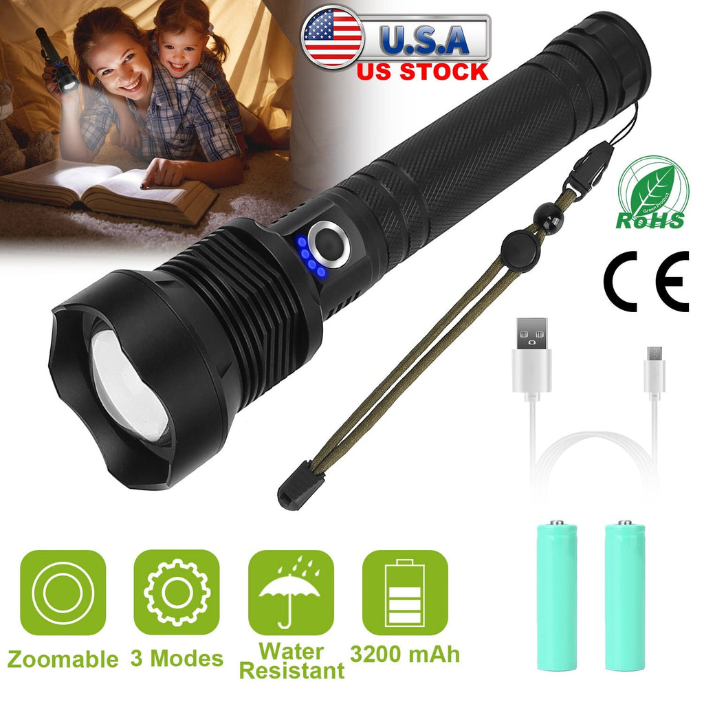 LED Tactical Flashlights 30000LM USB Rechargeable Flashlight Water-Resistant Zoomable LED Torch w/ 3 Modes SOS 3200mAh Battery Handheld Flashlights fo