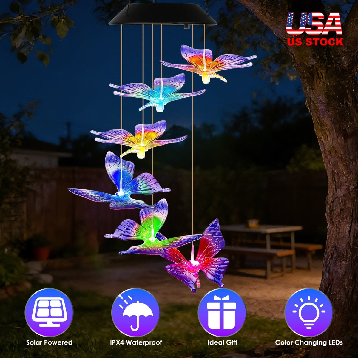 Solar Butterfly Wind Chime with Color-Changing LEDs