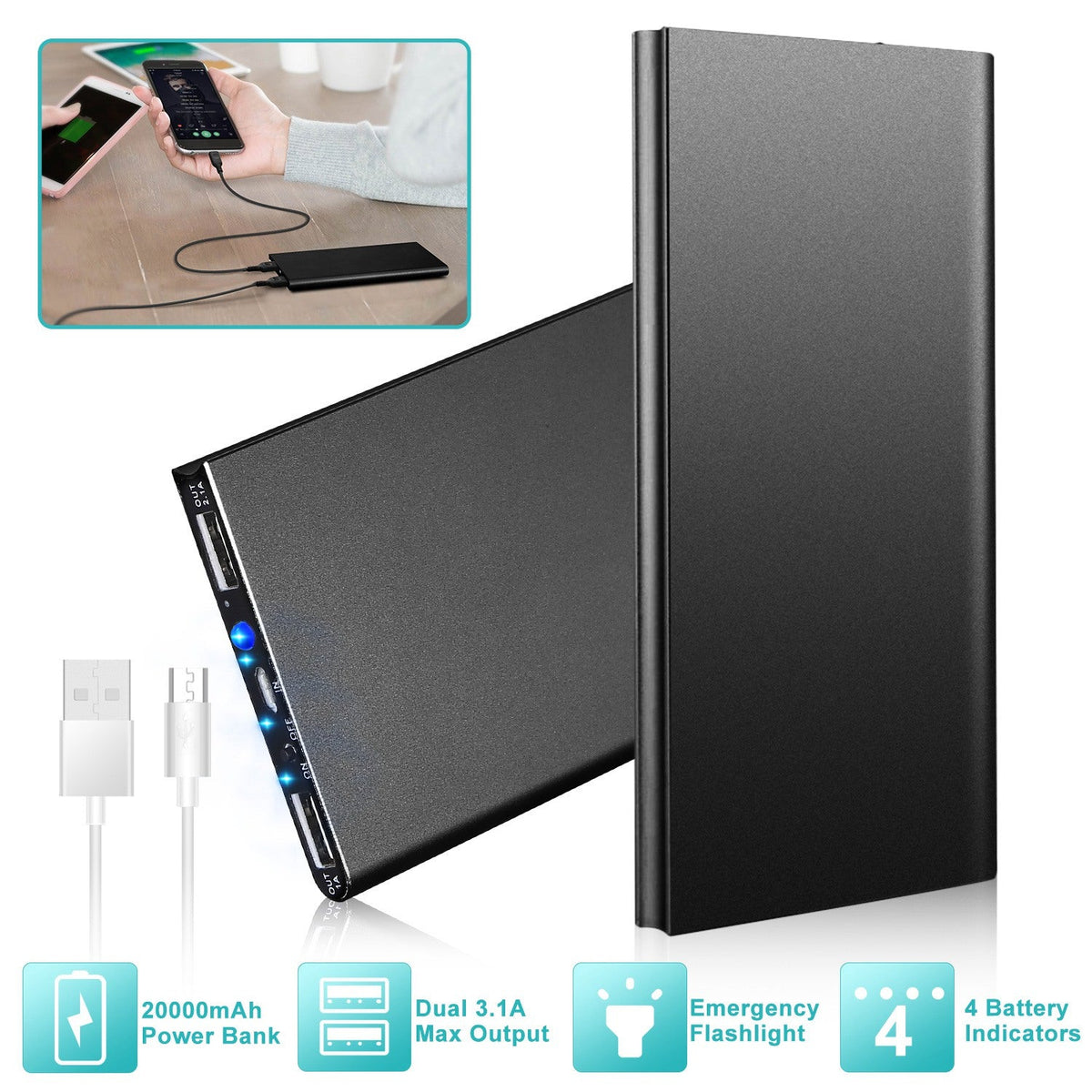 20000mAh Power Bank Ultra-thin External Battery Pack Phone Charger Dual USB Ports