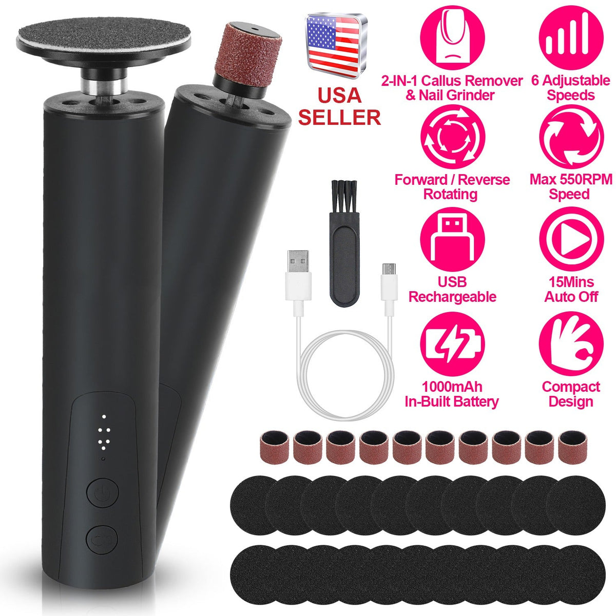 Electric Foot Callus Remover 2 in 1 Rechargeable Foot File Nail Grinder Dead Skin Pedicure Tool Machine with 2 Grinding Heads Total 30Pcs Replaceable