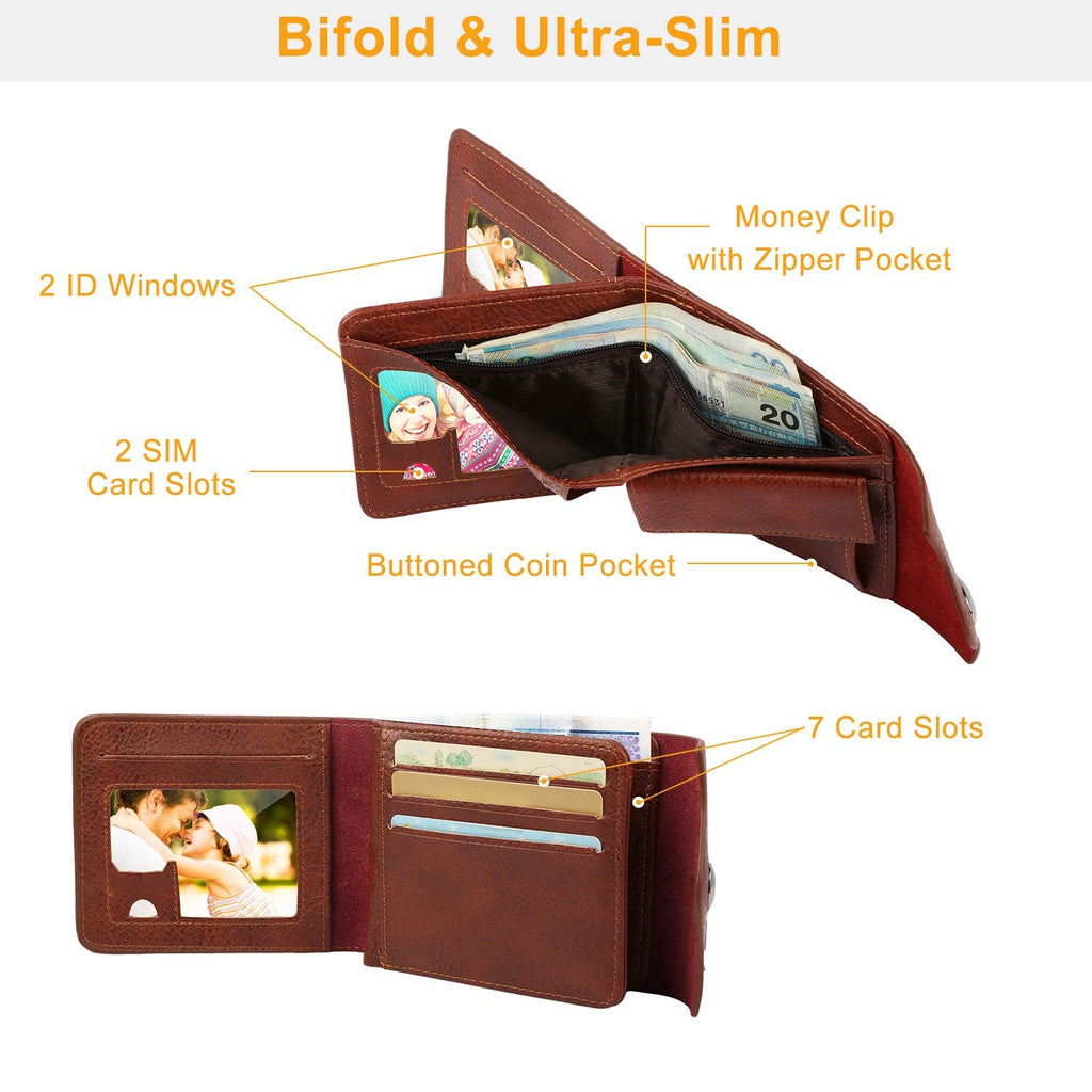 MenÕs Wallet PU Leather Bifold Purse Slim RFID Blocking Card Holder Cases w/ 2 ID Window Coin Pocket