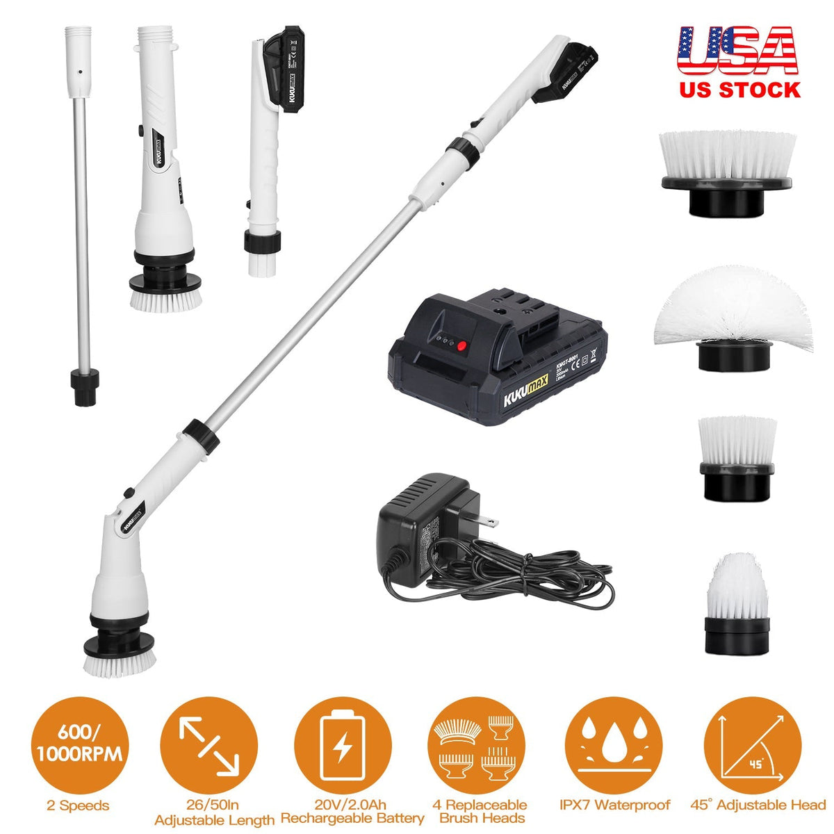 Electric Spin Scrubber Cordless Handheld Rechargeable Cleaning Brush with 4 Replaceable Heads 600/1000RPM Speeds 26/50in Length 20V/2.0Ah Battery for