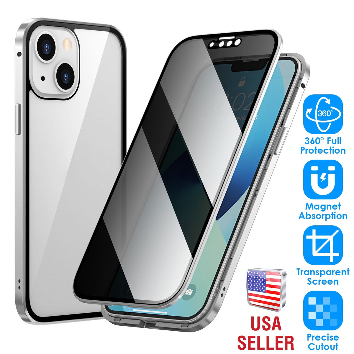 Privacy Magnetic Phone Case 360¡ Full Protection Anti Spy Phone Cover Double Sided Tempered Glass Magnet Absorption Fit for IOS Phone 12