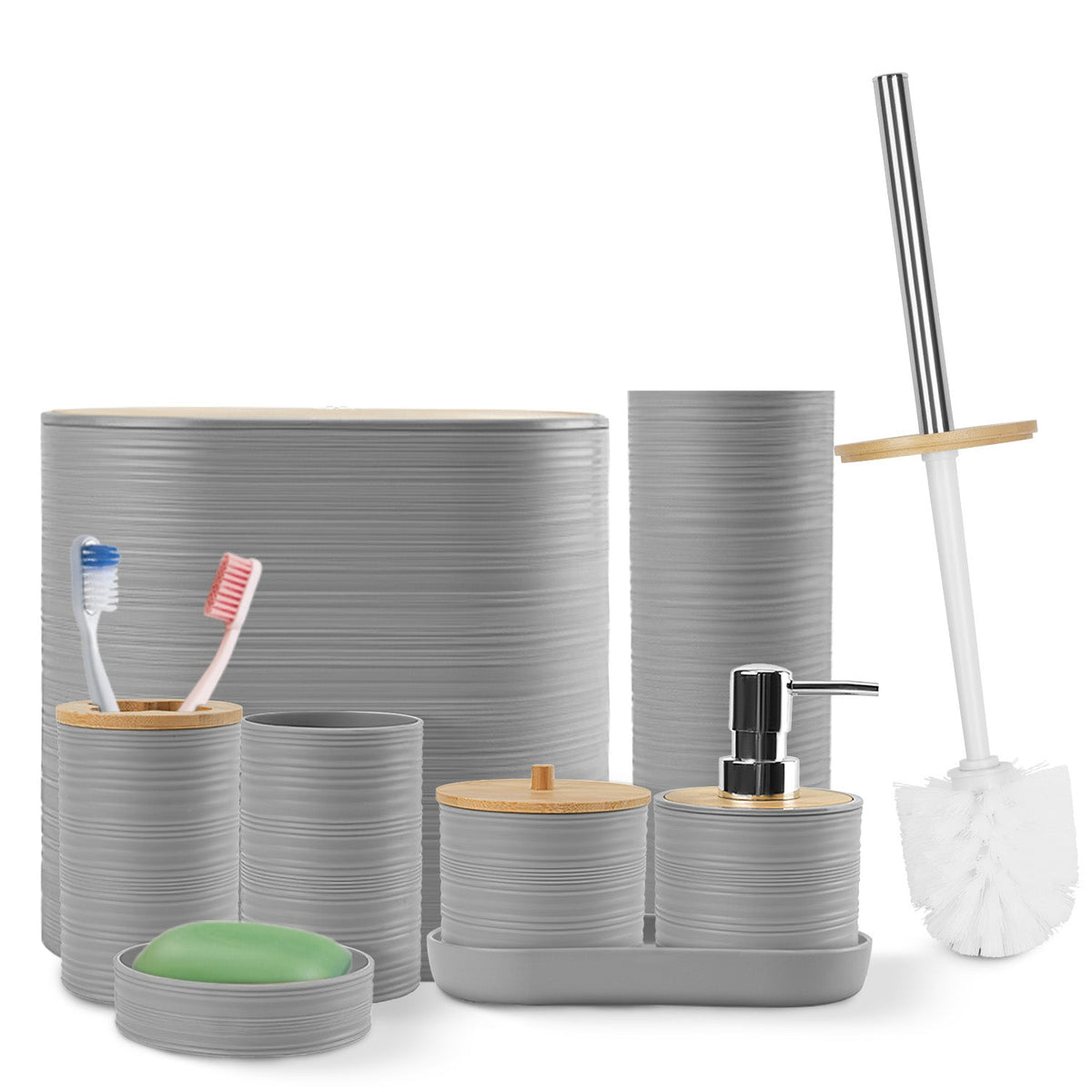 8Pcs Bathroom Accessories Set Bathroom Holder Set with Soap Dispenser Toothbrush Holder Cup Soap Dish Toilet Cleaning Brush Trash Can Qtip Holder Vani