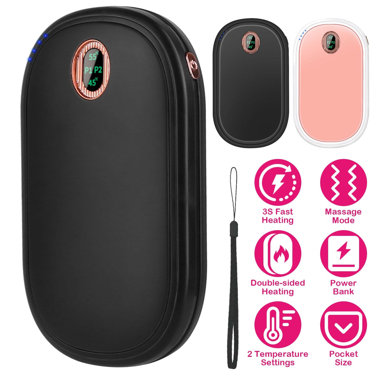 Rechargeable Hand Warmer Electric Hand Heater Portable Reusable Pocket Warmer Power Bank with Digital Display 2 Levels Double-sided Heating