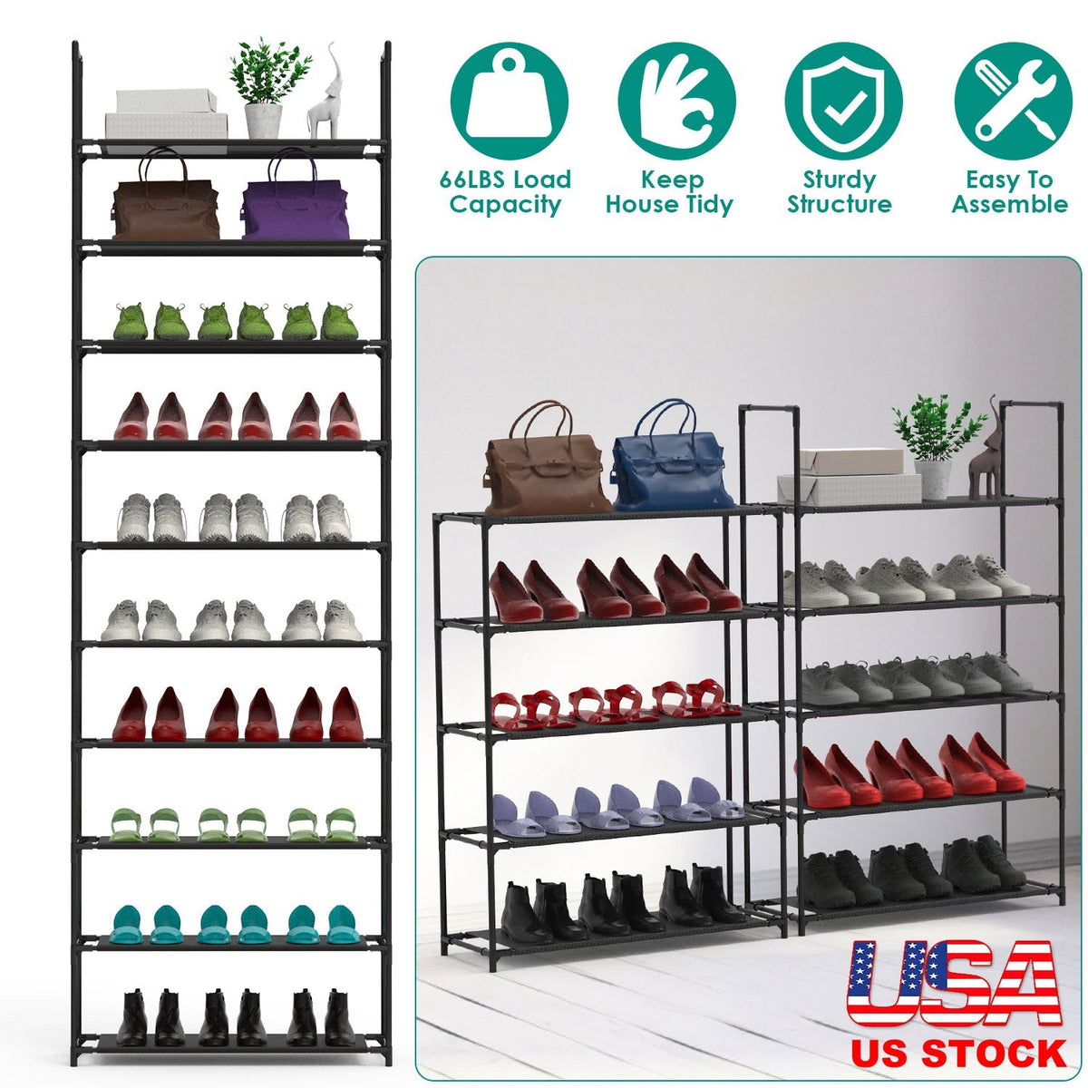 10 Tiers Shoe Rack Space-Saving 25-30Pairs Tall Shoe Shelf 23.03x10.82x72.83Inches Non-Woven Fabric Vertical Shoe Organizer For Hallway Entryway Close