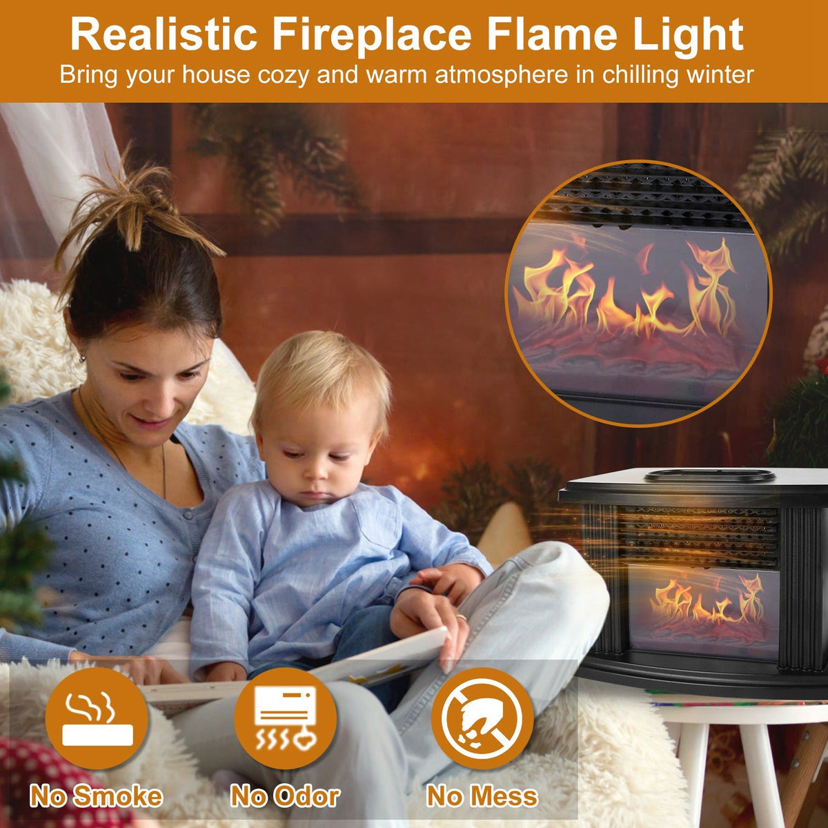 Electric Fireplace Heater 800W Artificial Flame Stove Heater with Accurate Digital Thermostat Timer Setting Remote Control Overheating Protection For