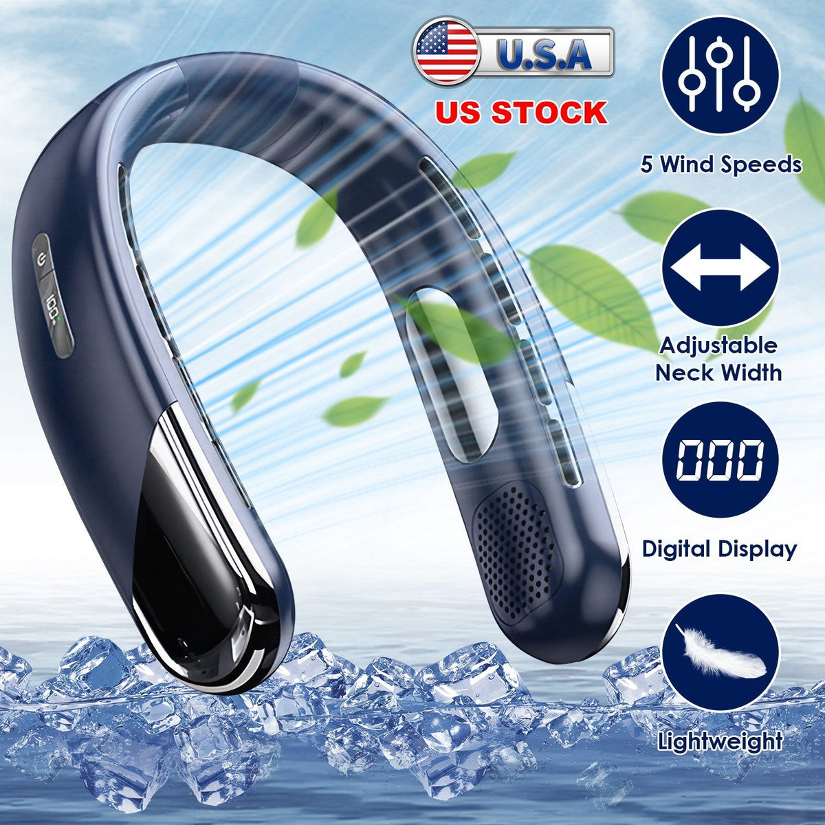 Portable Neck Cooling Fan With Type-C Charging Battery Hands-Free Bladeless Personal Fan 5 Speeds Digital Display Adjustable Neck Width for Man Woman