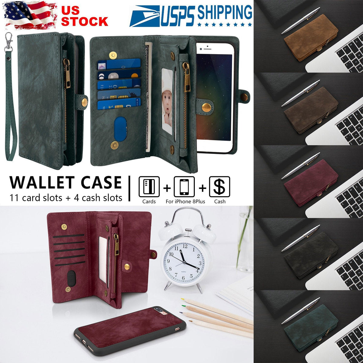 Phone Wallet Case For iPhone 8 Plus Portable Wallet Case 2 in 1 Leather Zipper Magnetic Detachable 15 Card Slots Money Pocket Clutch Cover W/ID Widows