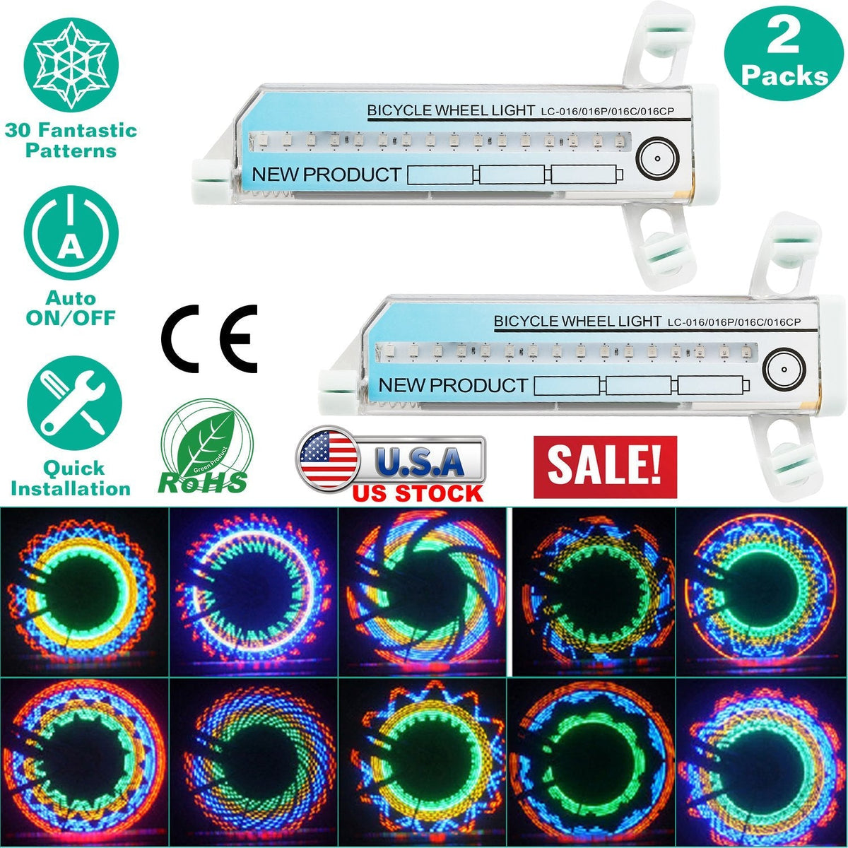 2Pcs 32LEDs Patterns Cycling Lights Rainbow Wheel Tire Flash Lamp Bicycle Colorful LED Wheel Spoke Signal Light w/ 30 Patterns