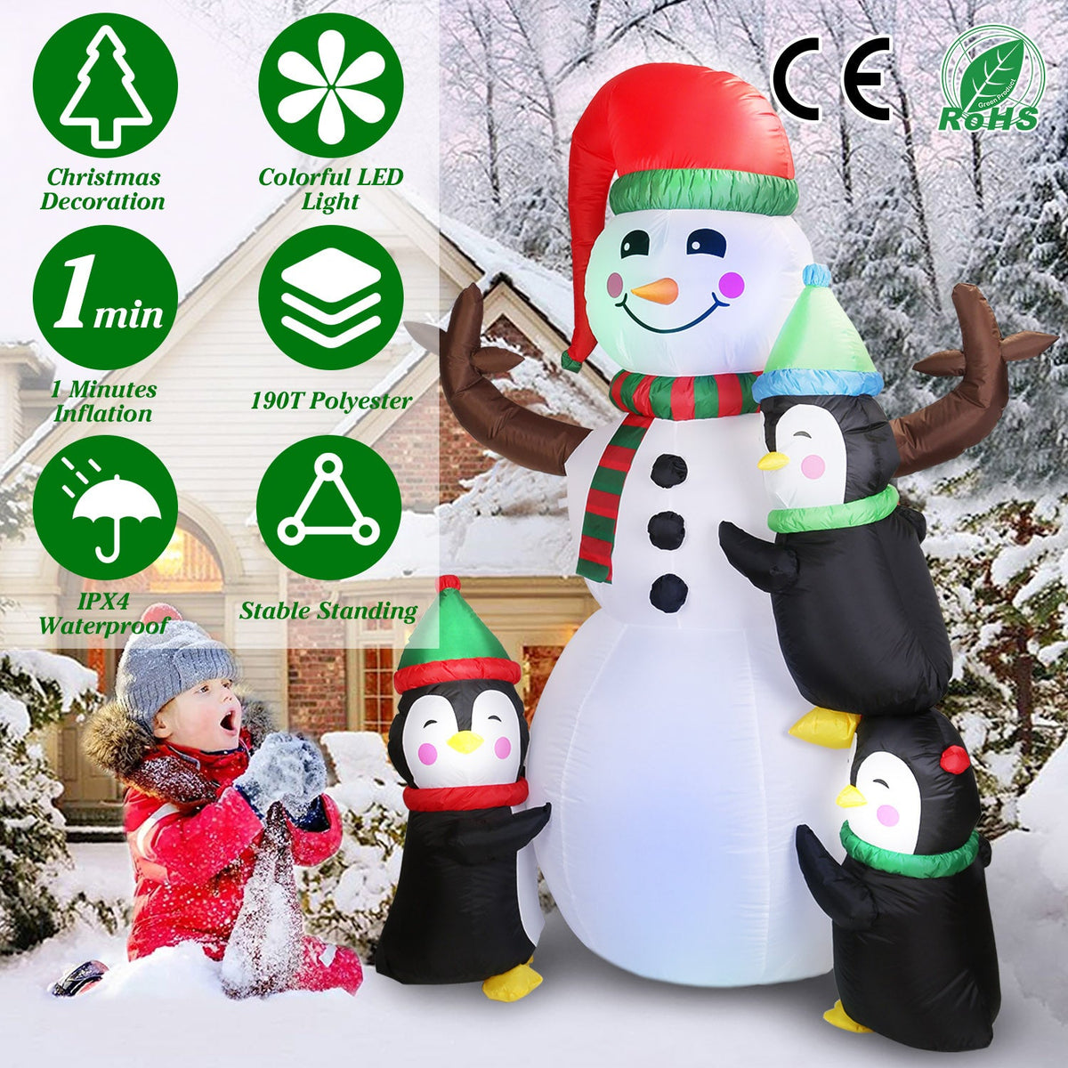 5.9FT Christmas Inflatable Outdoor Decoration Snowman Penguin Blow Up Yard Decoration with LED Light Built-in Air Blower for Winter Holiday Xmas Garde