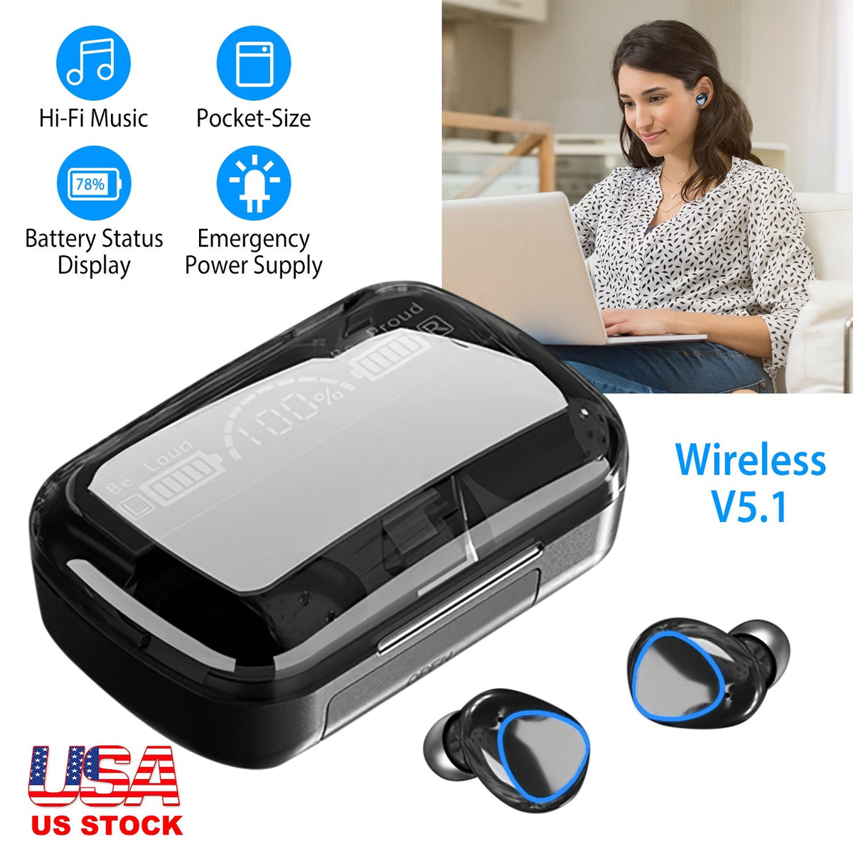5.1 TWS Wireless Earbuds Touch Control Headphone in-Ear Earphone Headset with Charging Case IPX7 Waterproof Power Bank