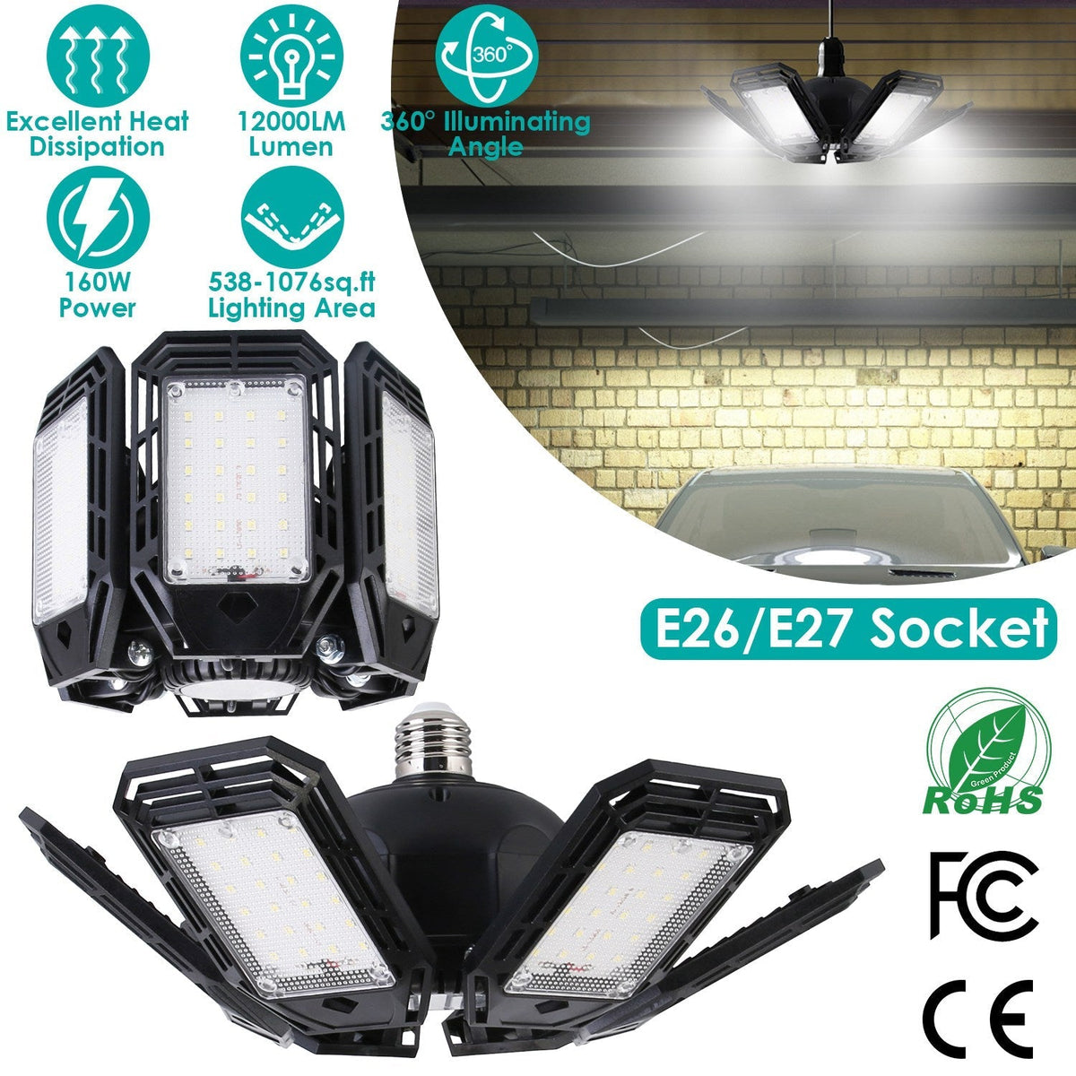 2 Packs LED Garage Lights 160W LED Shop Light Deformable E26/E27 Garage Ceiling Lights with 6 Adjustable Lighting Blades for Garage Basement Shop
