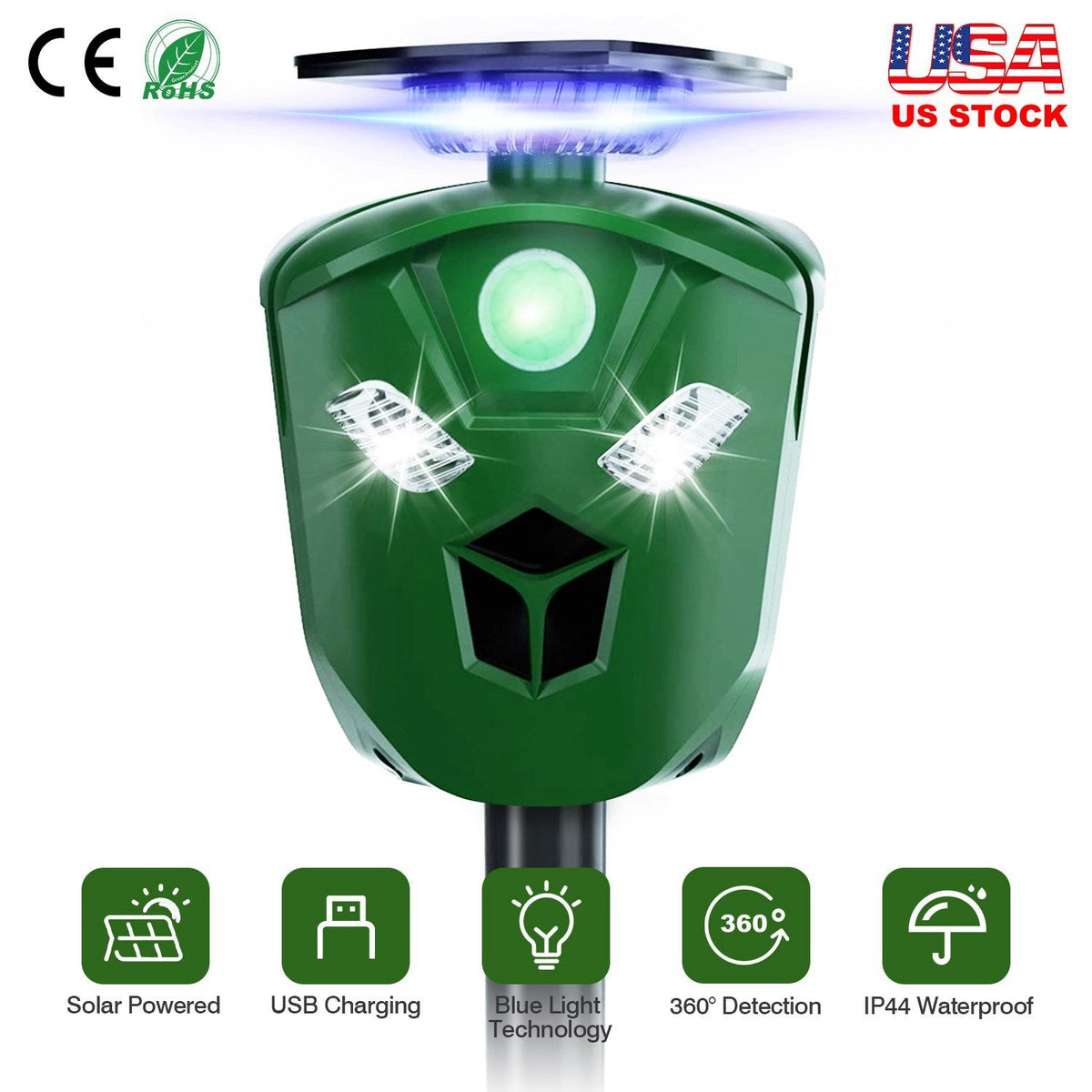 Electric Solar Powered Ultrasonic Animal Repeller 360¡ Ultrasonic Animal Driver with Motion Sensor LED Flashing Lights Waterproof Outdoor Animal Repel